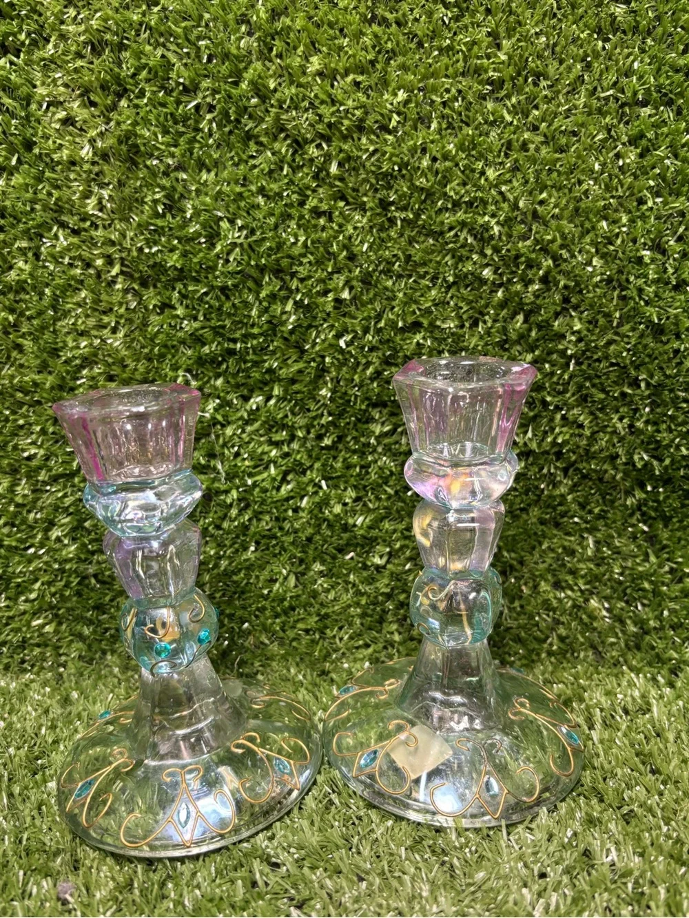 Vintage PartyLite Mardi Gras taper candle holders of iridescent, multi-colors